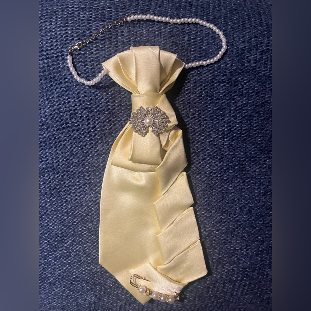 Ivory Satin Bow Necklace with Pearl Brooch Accent